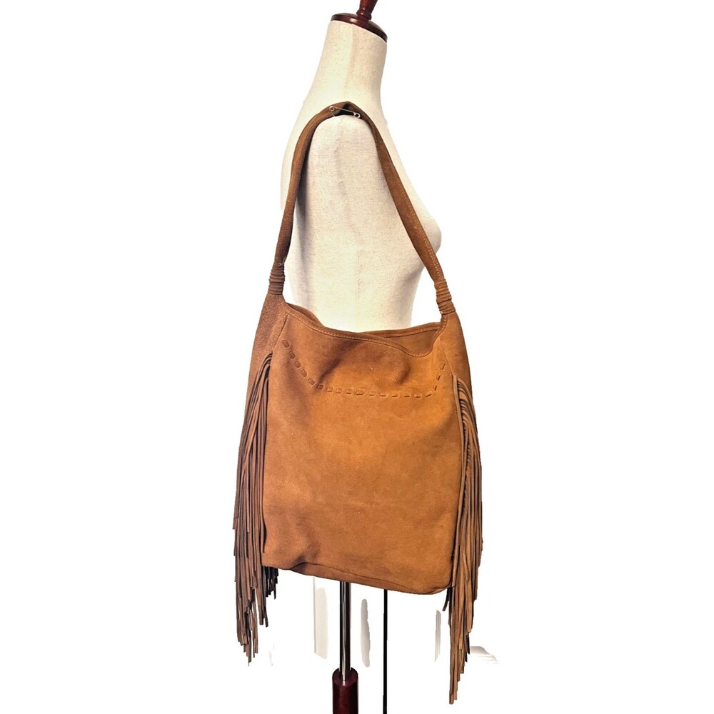 Margot Suede Leather Long Fringe Bucket Shoulder Bag Tote Brown Western Hippie - Picture 3 of 16